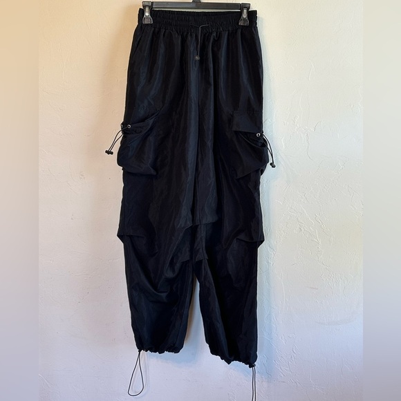Black Baggy Cargo Hip Hop Dance Pants with Pockets & Drawstrings Sz S - Picture 1 of 10